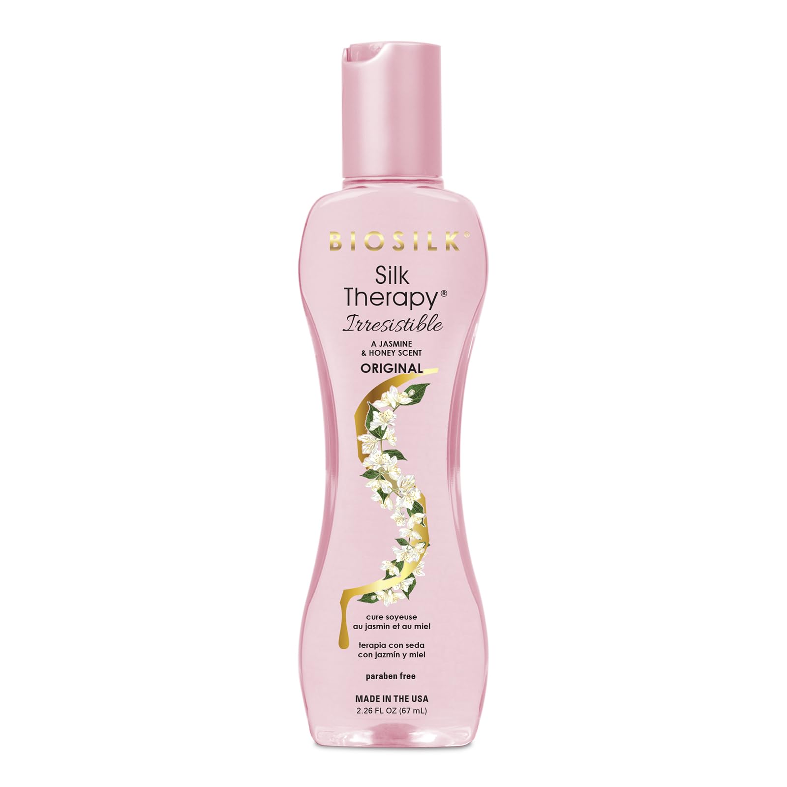 BioSilk Silk Therapy Irresistible, vista frontal de la botella para cuidado ligero.