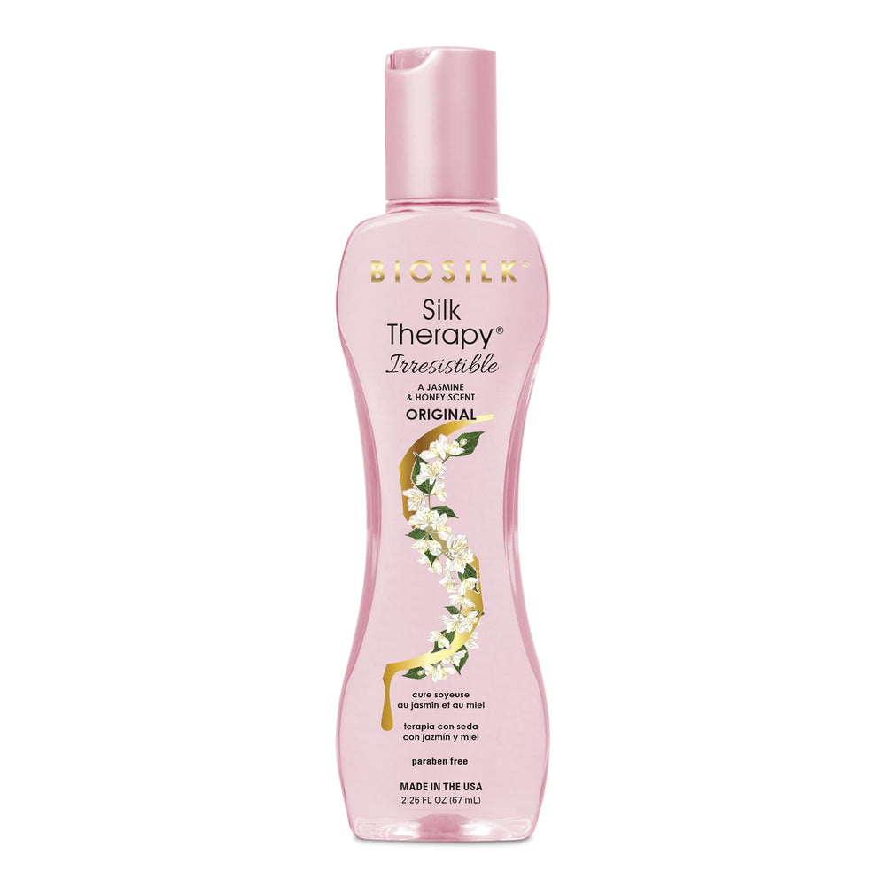 BioSilk Silk Therapy Irresistible, vista frontal de la botella para cuidado ligero.