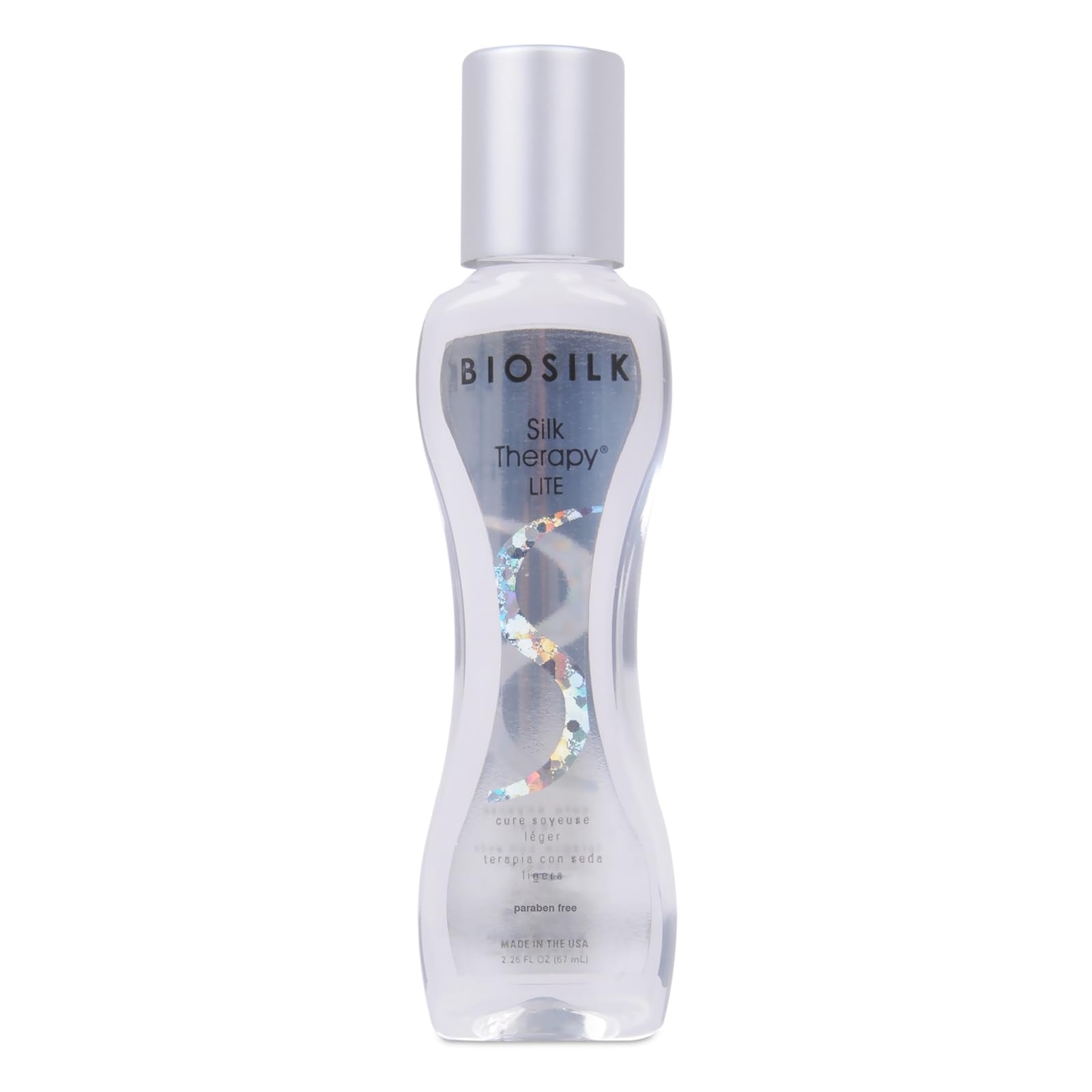 BioSilk Silk Therapy Lite envase vertiendo producto para un acabado ligero