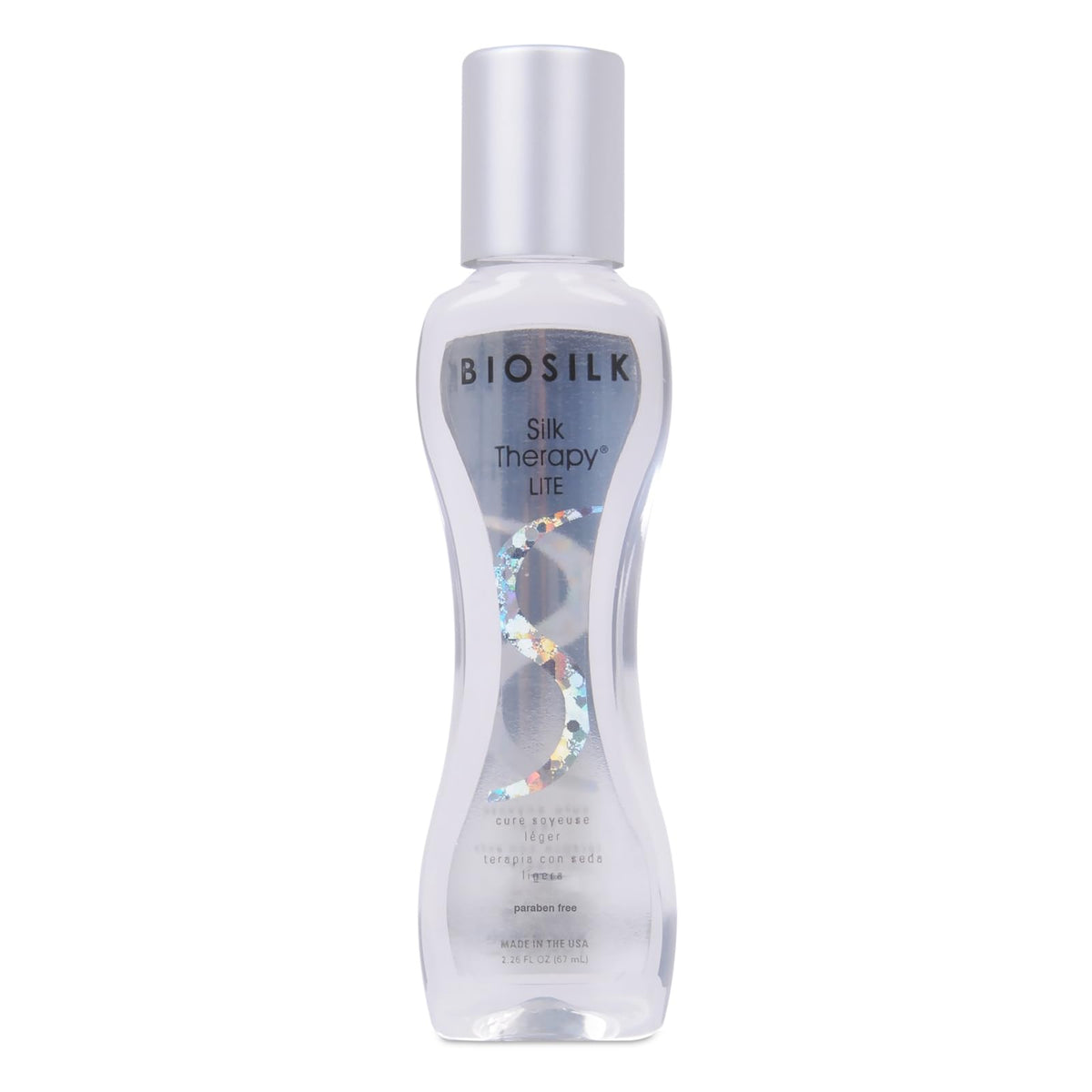 BioSilk Silk Therapy Lite envase vertiendo producto para un acabado ligero