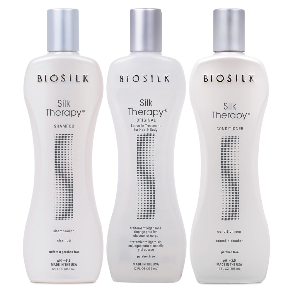Champú BioSilk con terapia de seda en botella, aporta brillo suave.