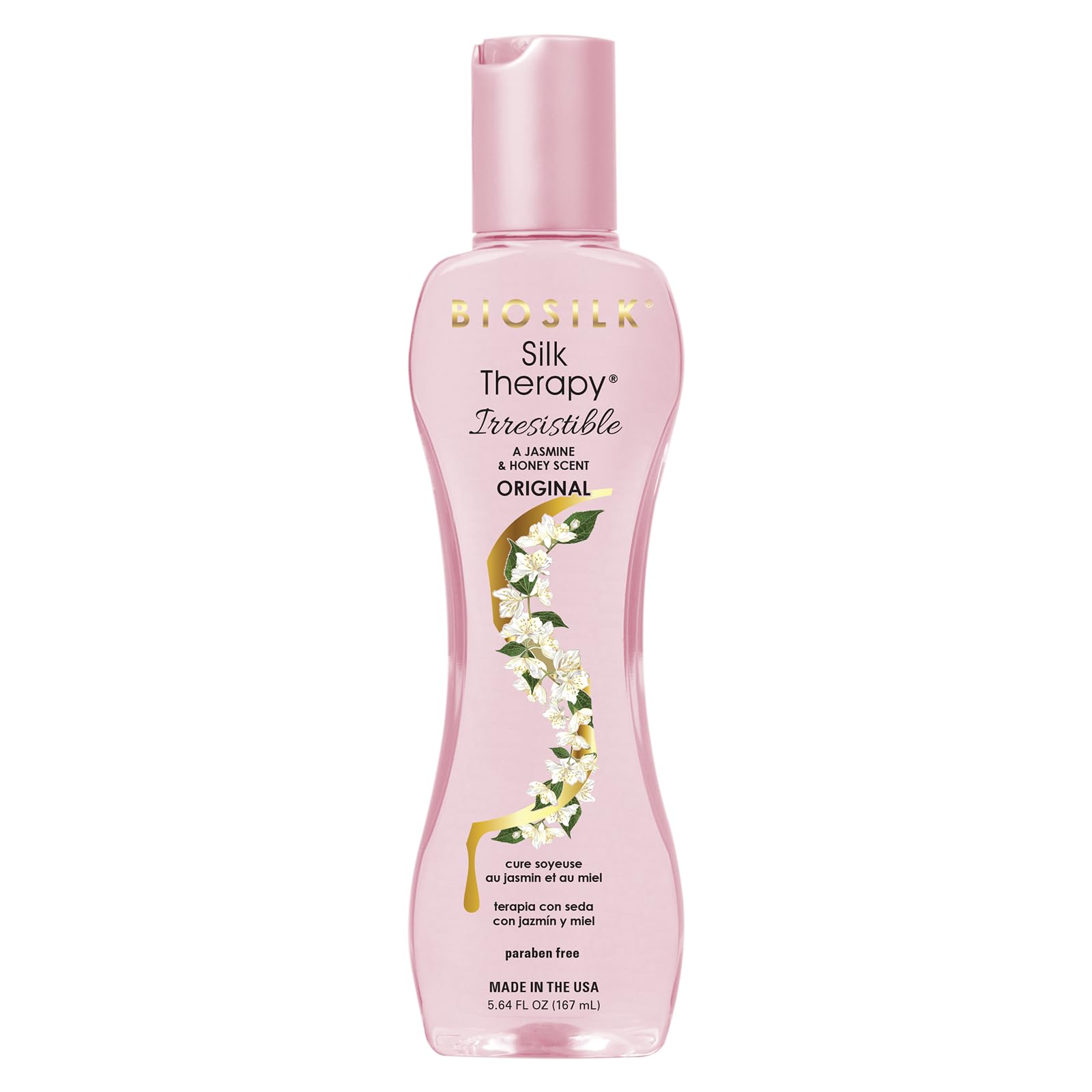 BioSilk Terapia de Seda Irresistible, frasco con vertido visible para cabello suave.