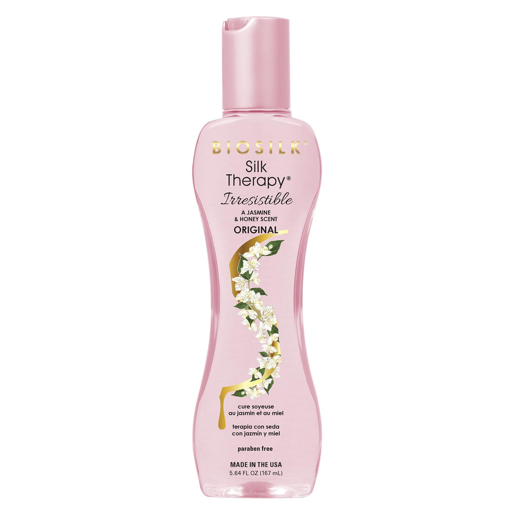 BioSilk Terapia de Seda Irresistible, frasco con vertido visible para cabello suave.