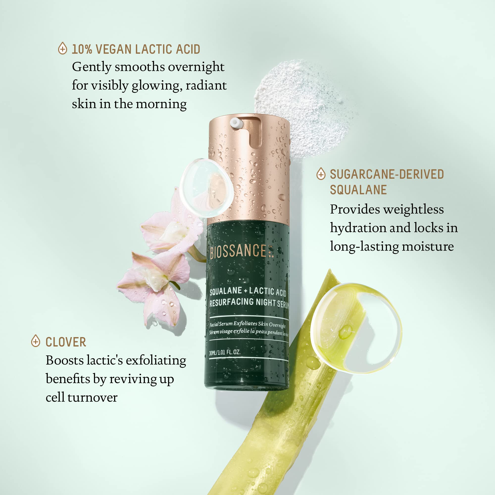 BIOSSANCE piel radiante tras uso del serum, luminosidad mejorada.