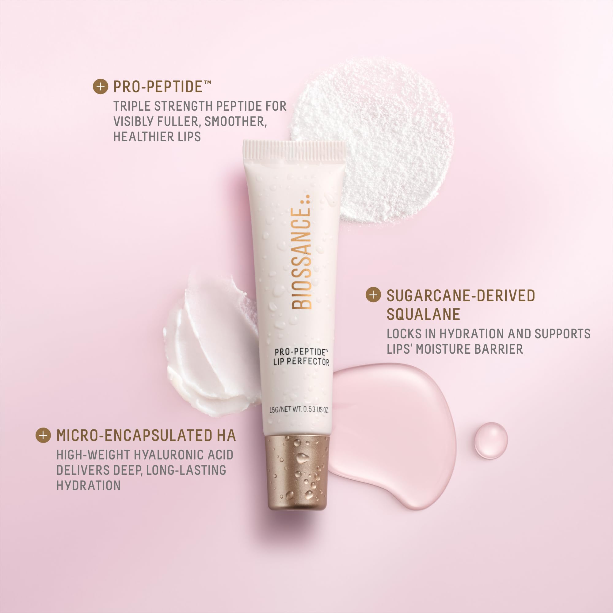Hidratación 24 horas con Biossance Lip Perfector para labios sedosos.