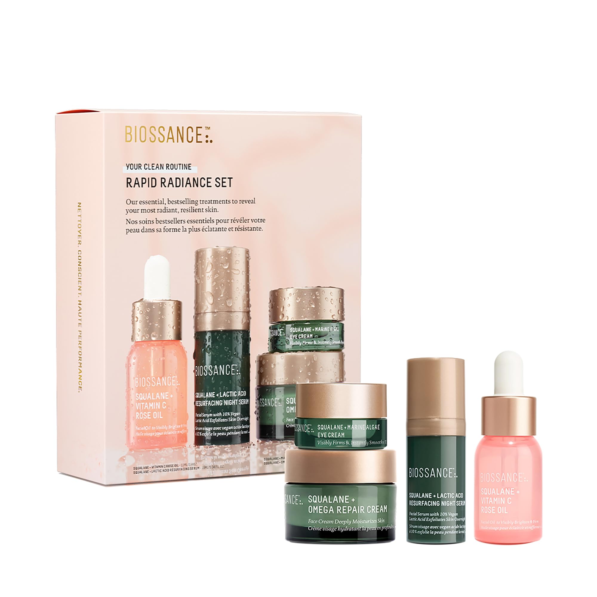 Biossance Rapid Radiance Set en caja, cuidado completo para luminosidad y textura.