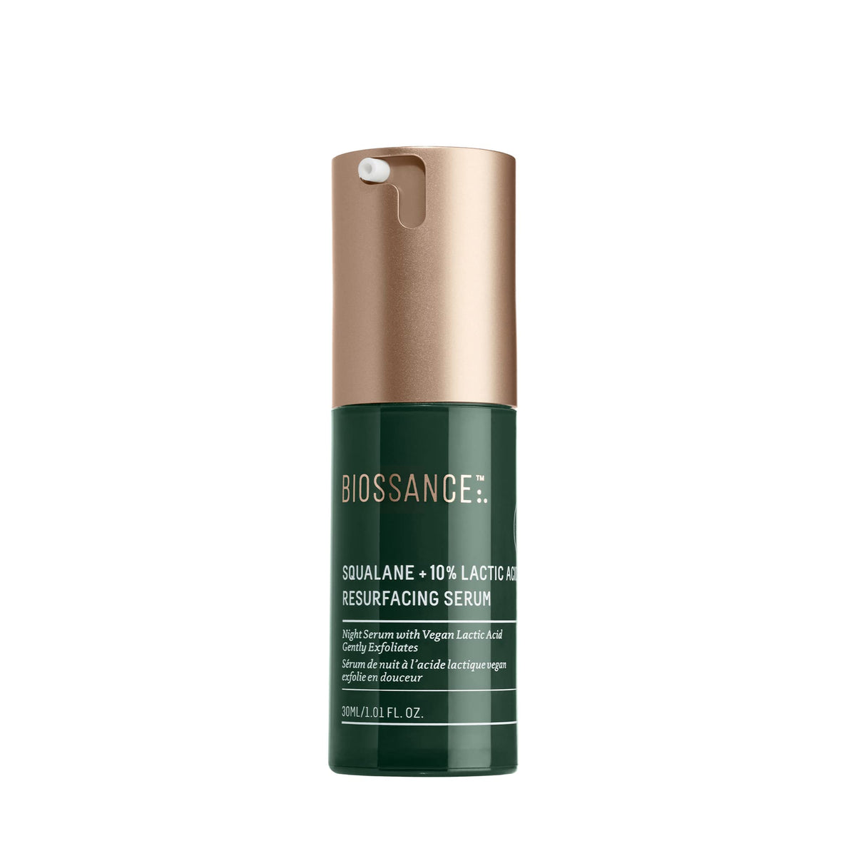 BIOSSANCE serum nocturno con ácido láctico en botella, exfoliación suave y hidratación.