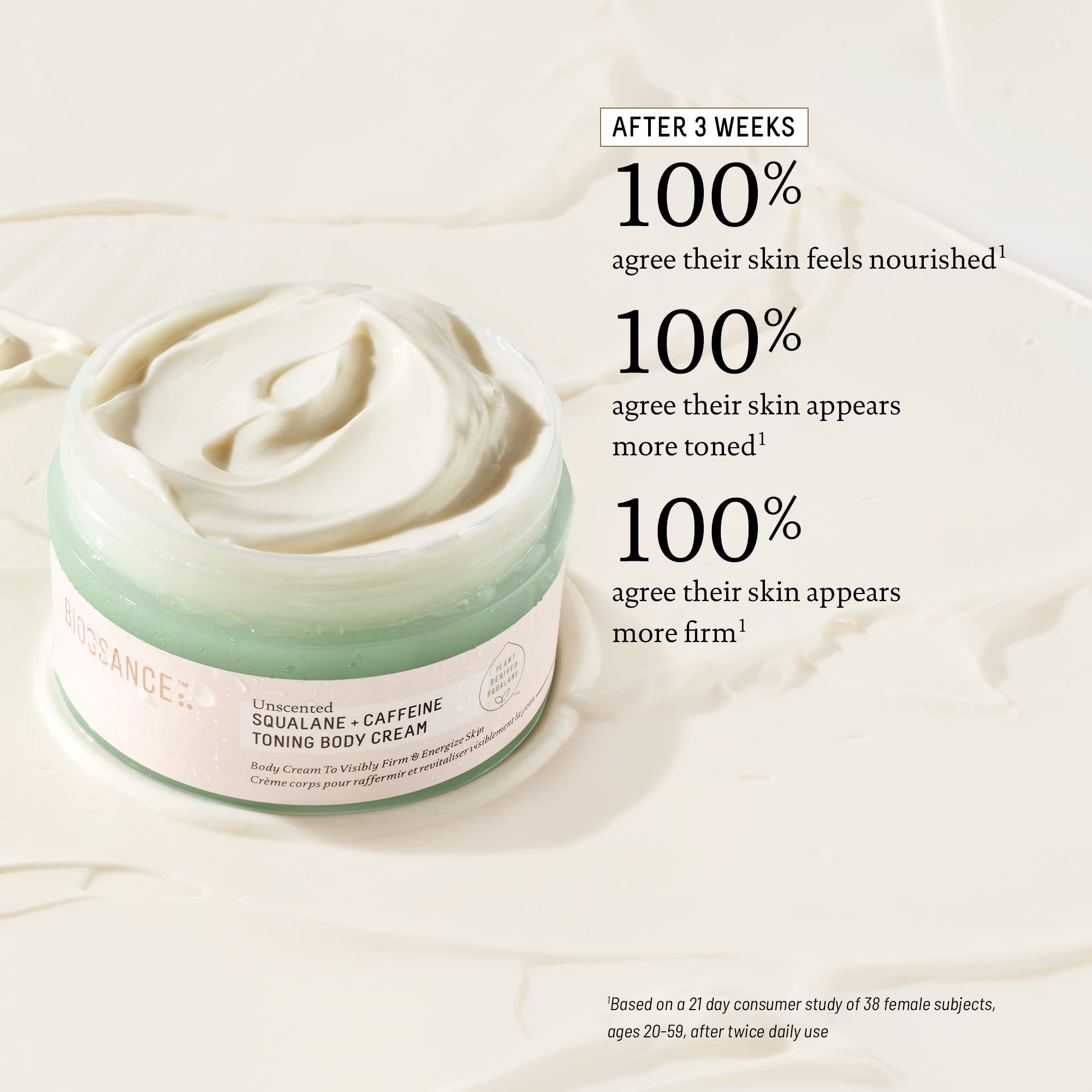 BIOSSANCE Squalane + Caffeine crema corporal aplicación en muslos para firmeza y elasticidad.