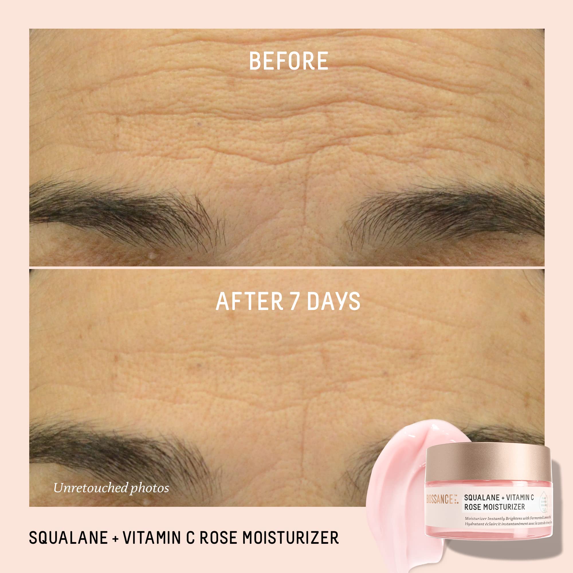Aplicación diurna de BIOSSANCE Squalane + Vitamina C Rose para brillo natural.