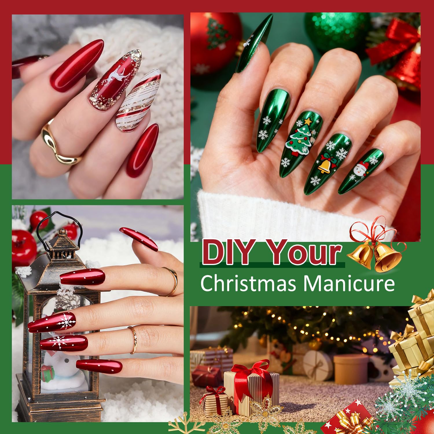 BISHENGYF efectos navideños cromados para uñas, estilo festivo.