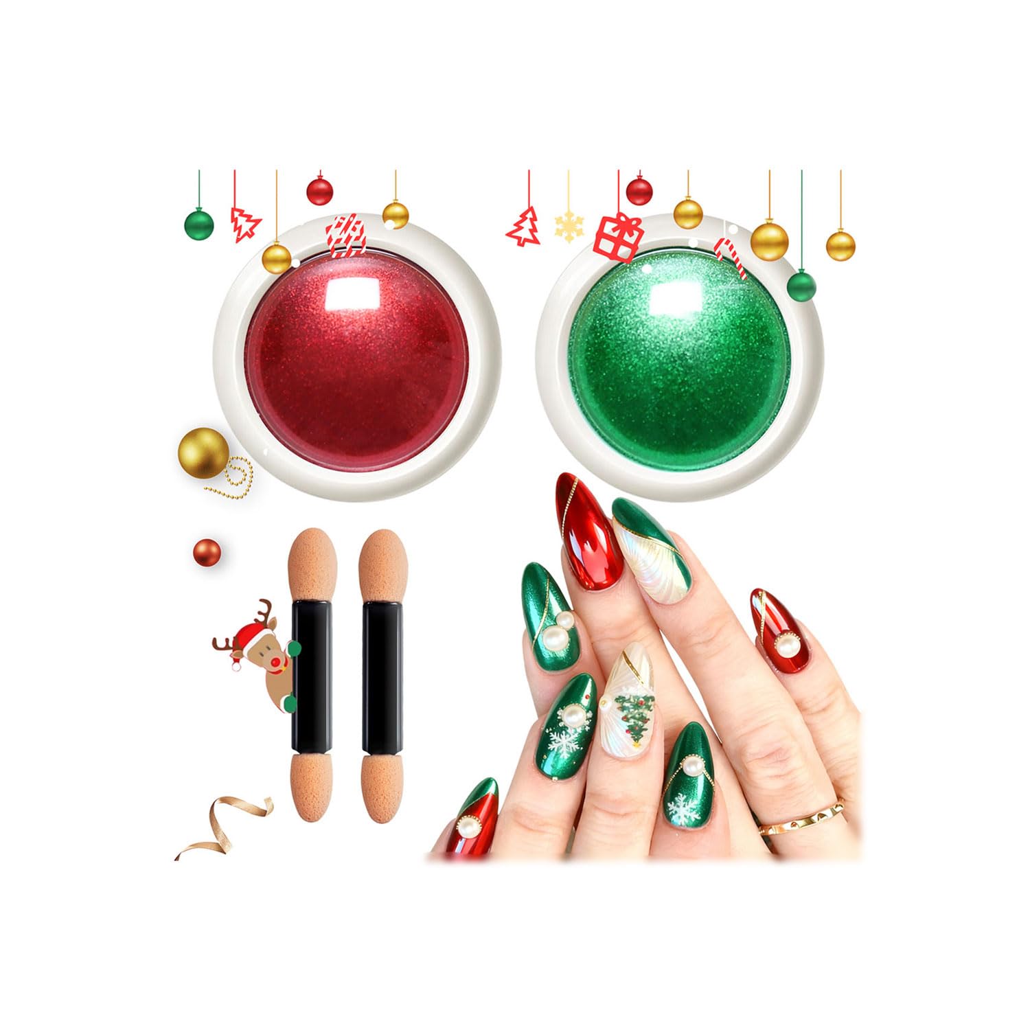 BISHENGYF polvo cromado rojo-verde, brillo navideño para uñas.