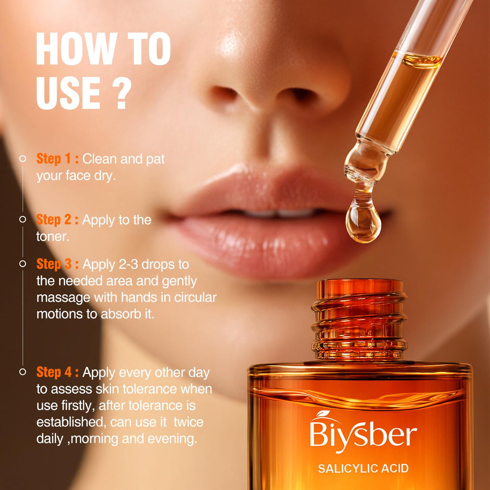 BIYSBER Sérum acide salicylique 2% – routine quotidienne pour peau acnéique et grasse.