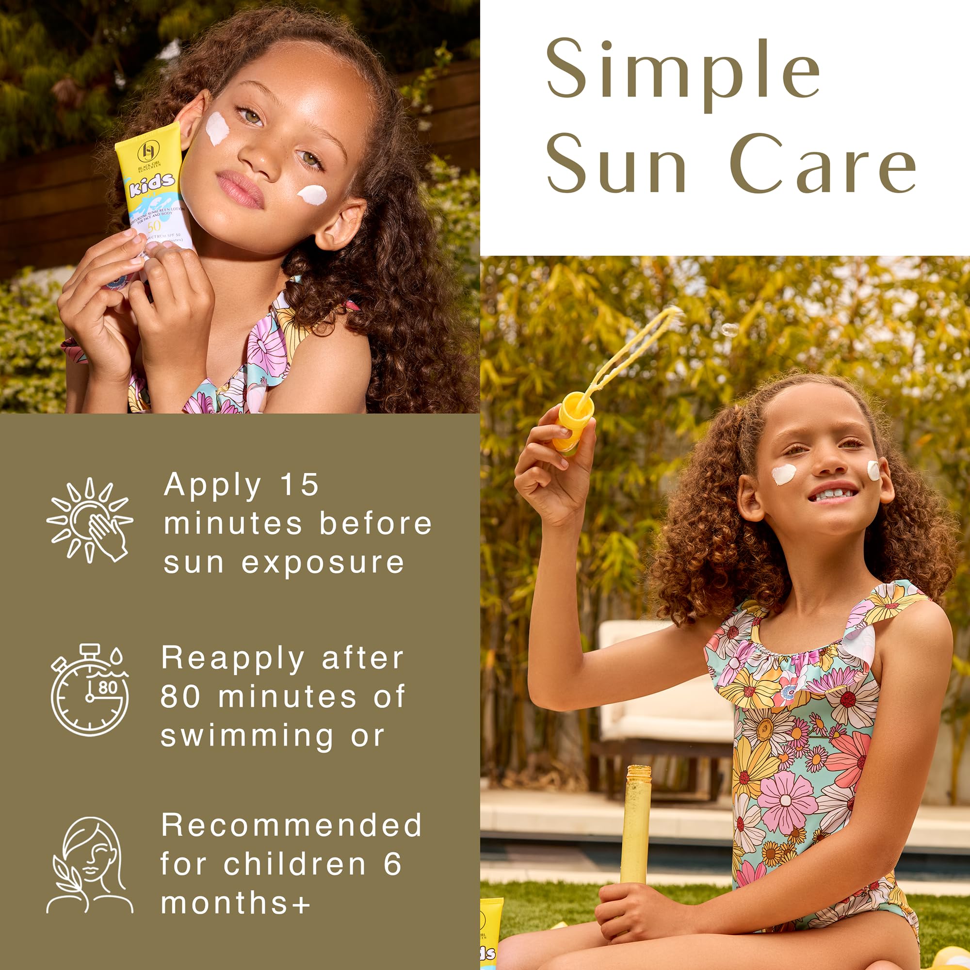 Black Girl Sunscreen Kids protección resistente al agua 80 minutos para playa.