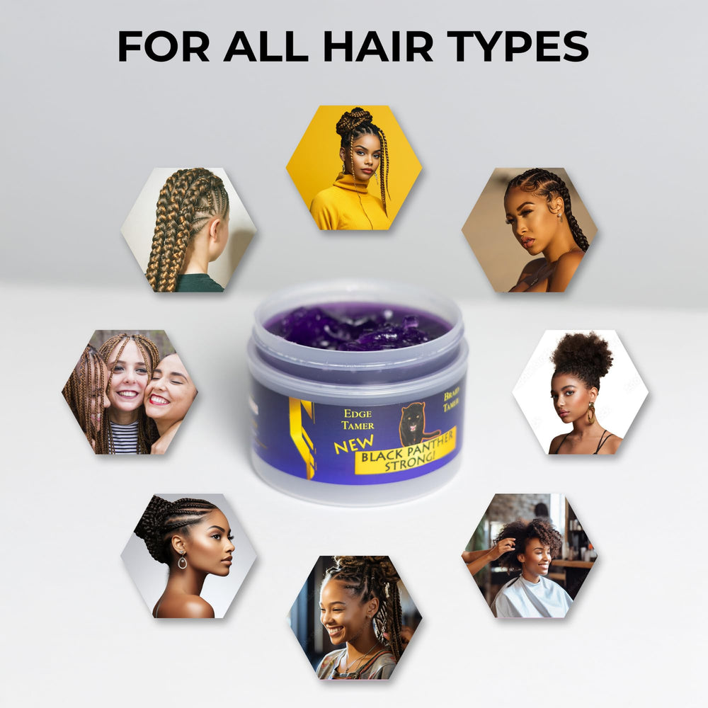Black Panther Strong Diamond Edges edge control formula prevents flaking on textured hair.