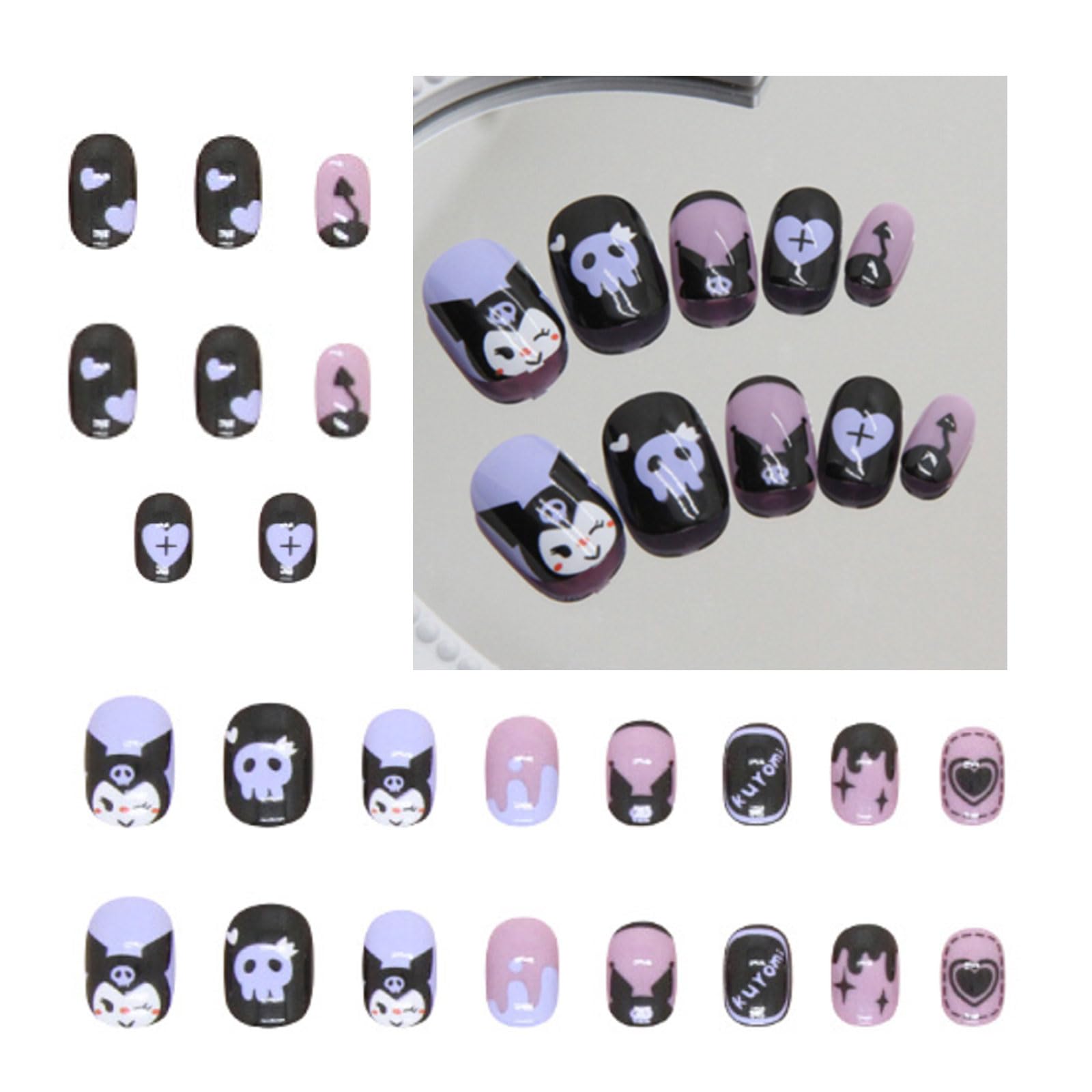 Black Rabbit: kit de 24 uñas postizas cortas en negro y púrpura para look rápido.