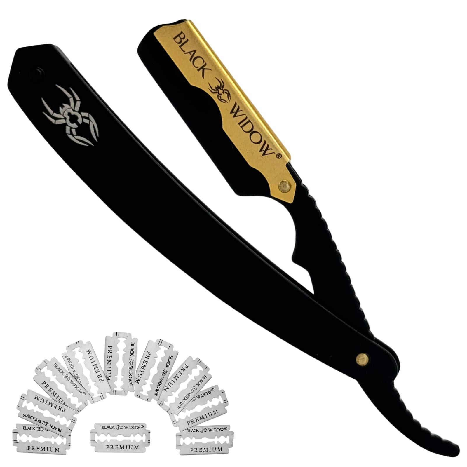Navaja recta BLACK WIDOW con acabado mate negro y dorado para afeitado profesional.