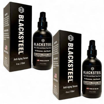 Sérum BLACKSTEEL pour homme, bouteille matte-noir, absorption rapide et peau hydratée.