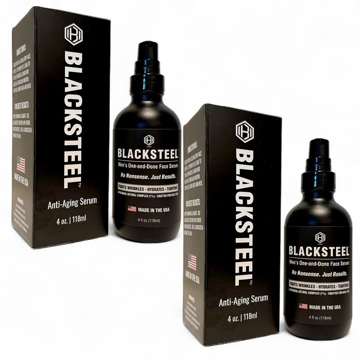 Sérum BLACKSTEEL pour homme, bouteille matte-noir, absorption rapide et peau hydratée.