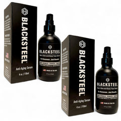 Sérum BLACKSTEEL pour homme, bouteille matte-noir, absorption rapide et peau hydratée.