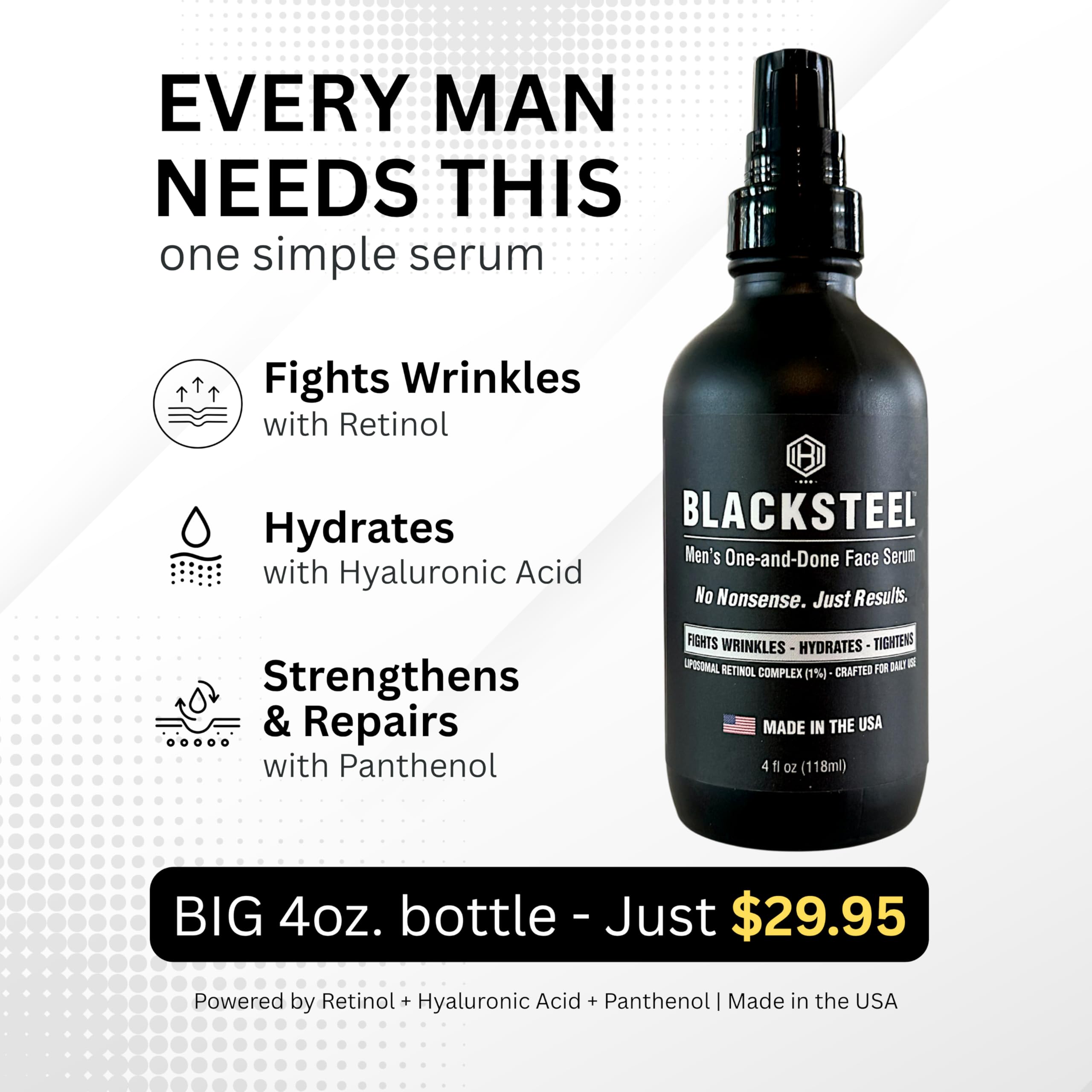 Sérum BLACKSTEEL — panthenol et thé vert pour apaiser et protéger.