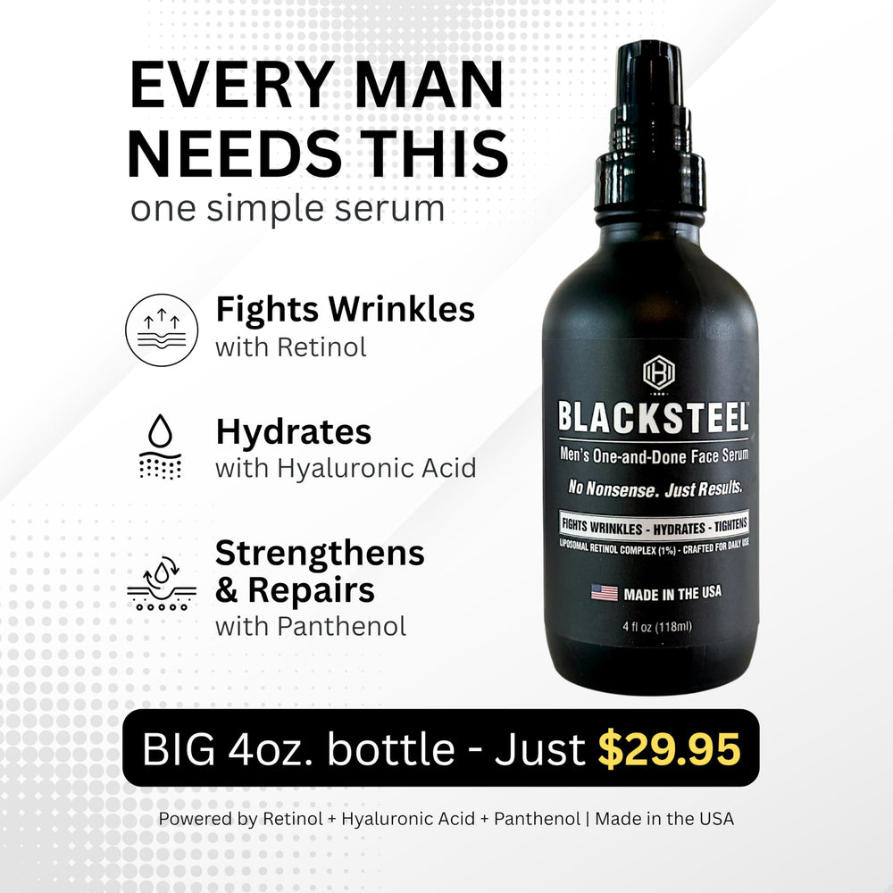 Sérum BLACKSTEEL — panthenol et thé vert pour apaiser et protéger.