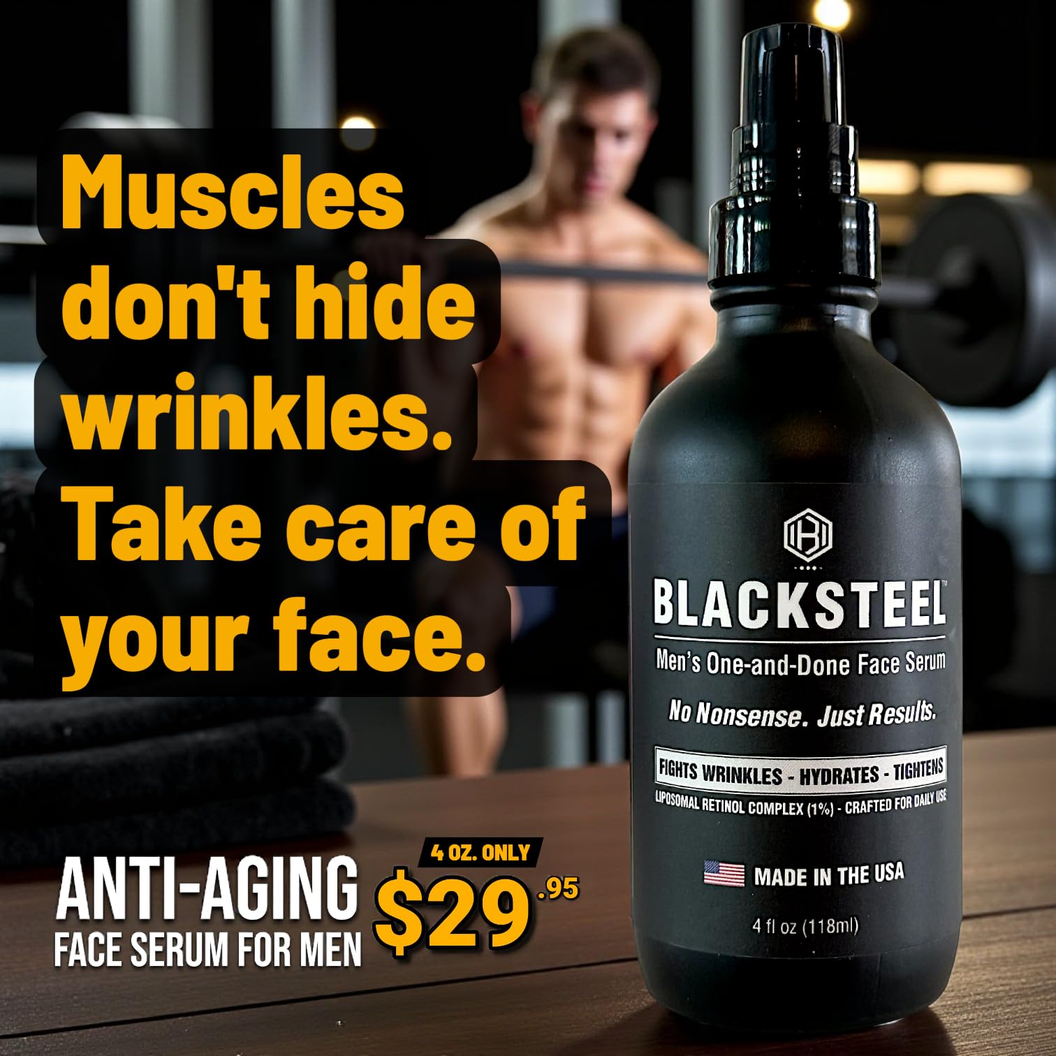 Sérum BLACKSTEEL — retinol et hyaluronique pour hydratation et fermeté.