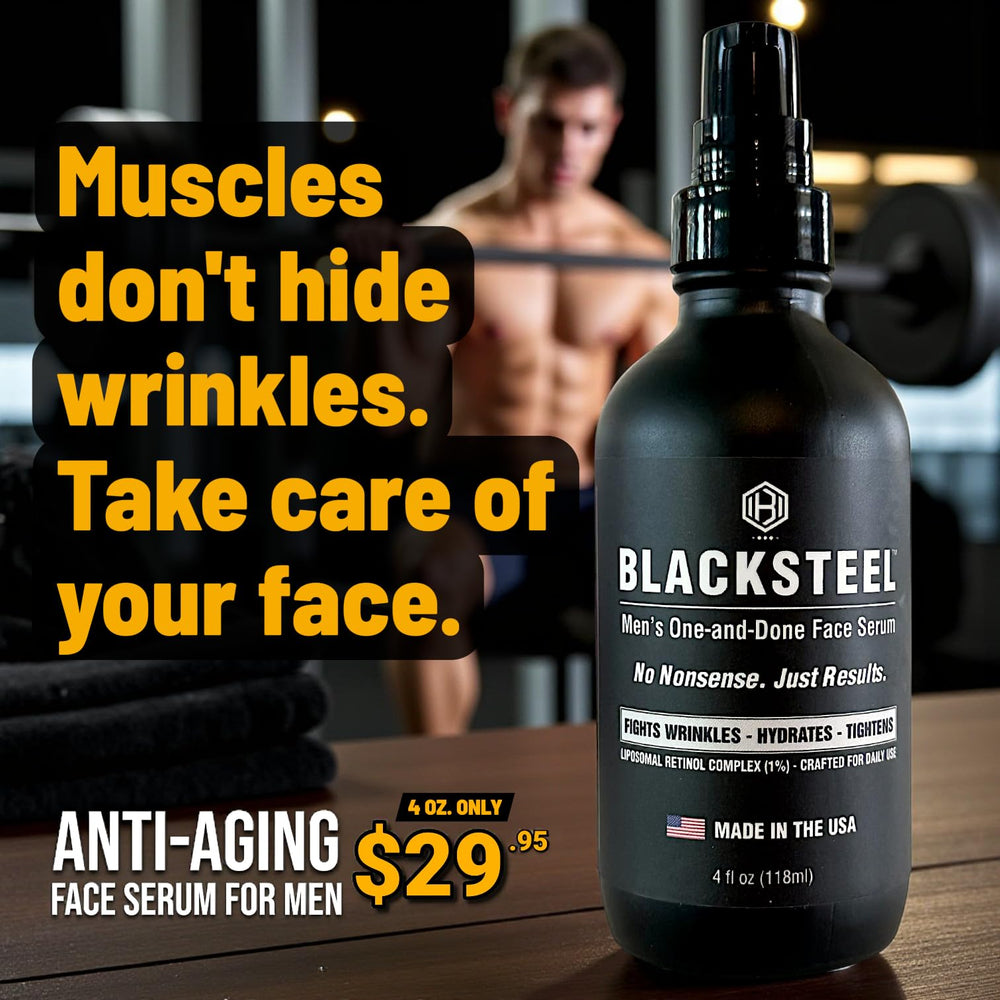 Sérum BLACKSTEEL — retinol et hyaluronique pour hydratation et fermeté.