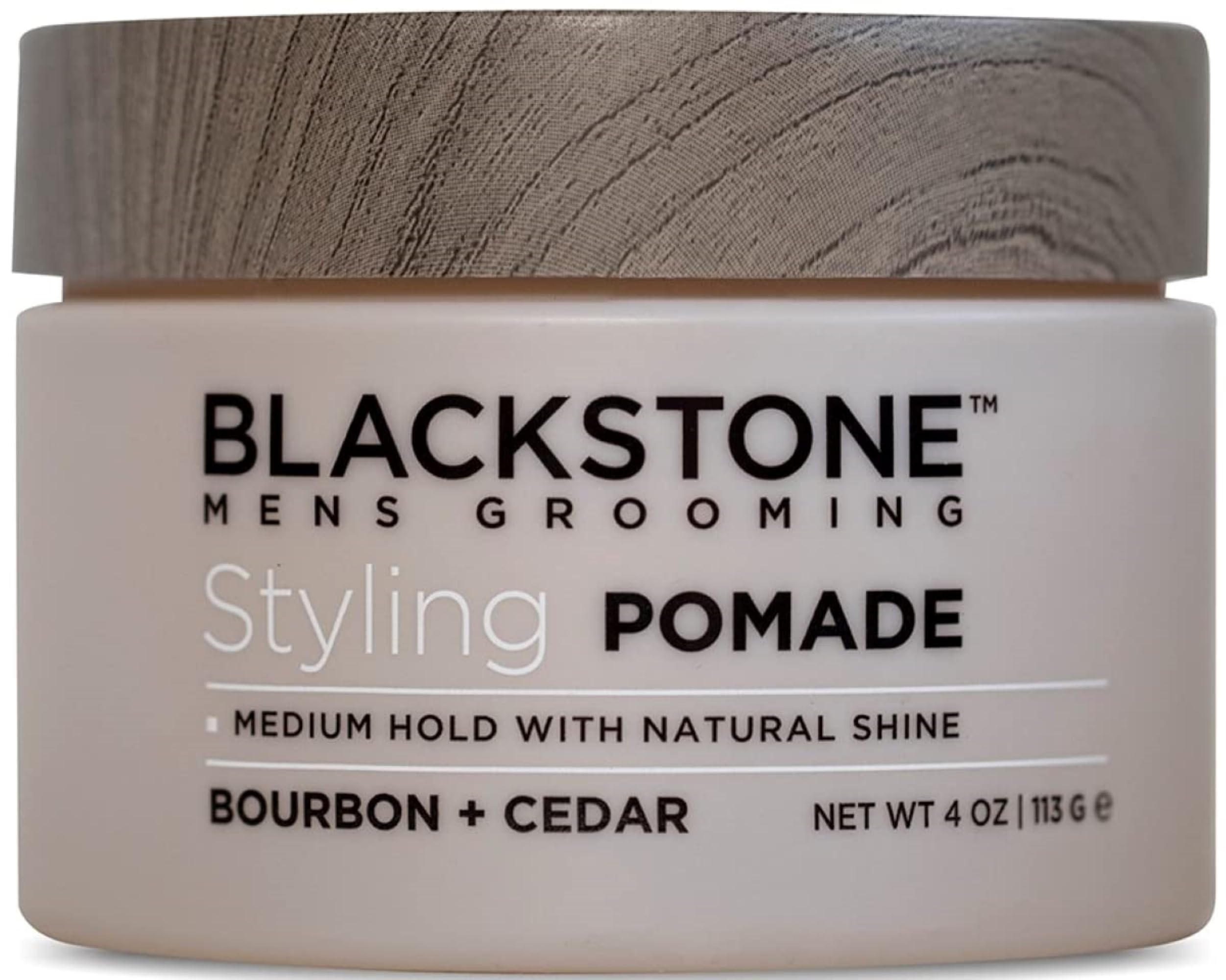 Blackstone men's grooming pomade bottle with medium hold and natural shine for daily styling.