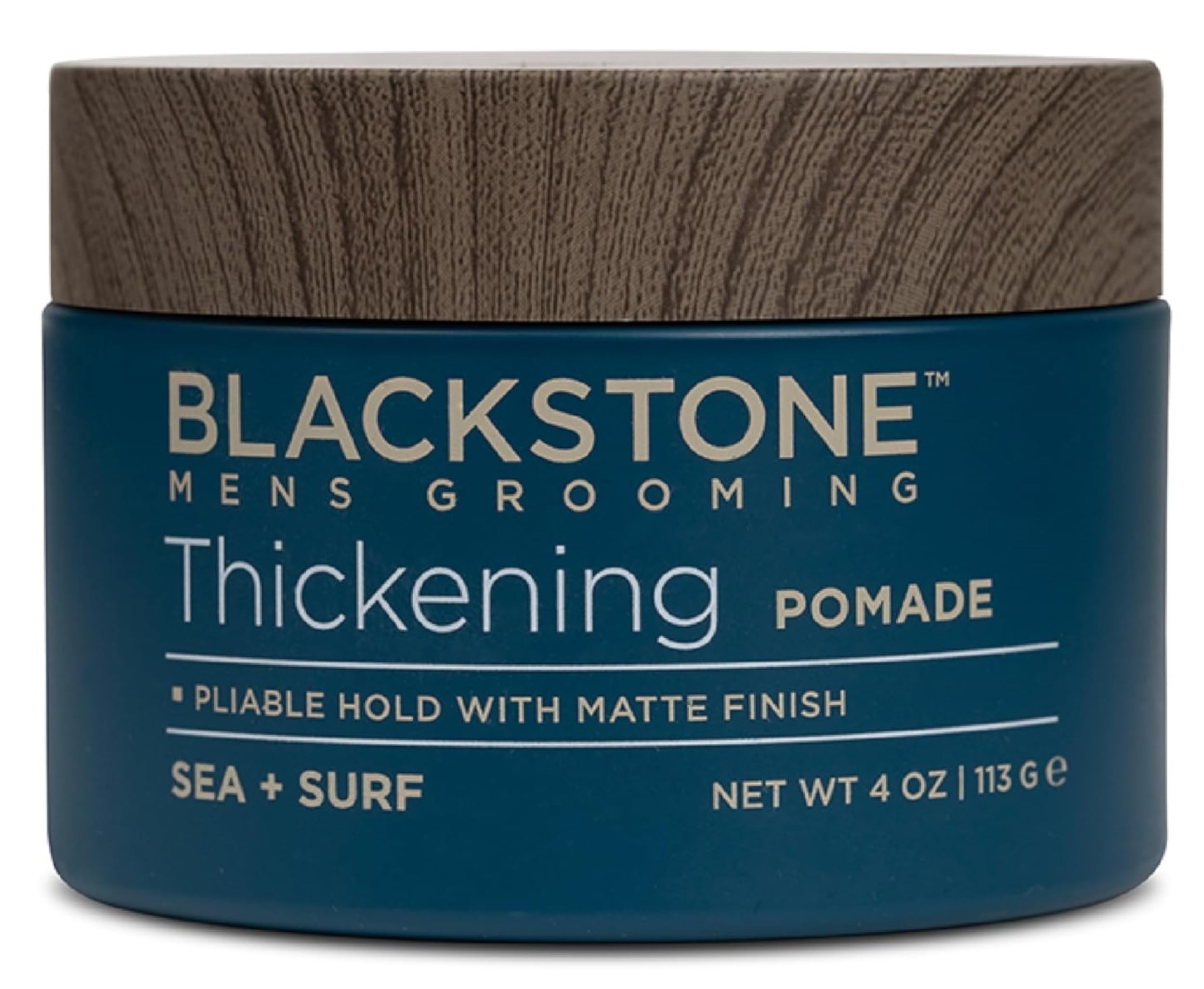 Blackstone thickening pomade bottle highlights flexible hold and matte finish.
