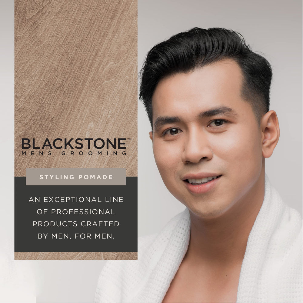Blackstone pomade demonstrates medium hold and natural shine for a polished look.