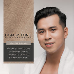 Blackstone pomade demonstrates medium hold and natural shine for a polished look.