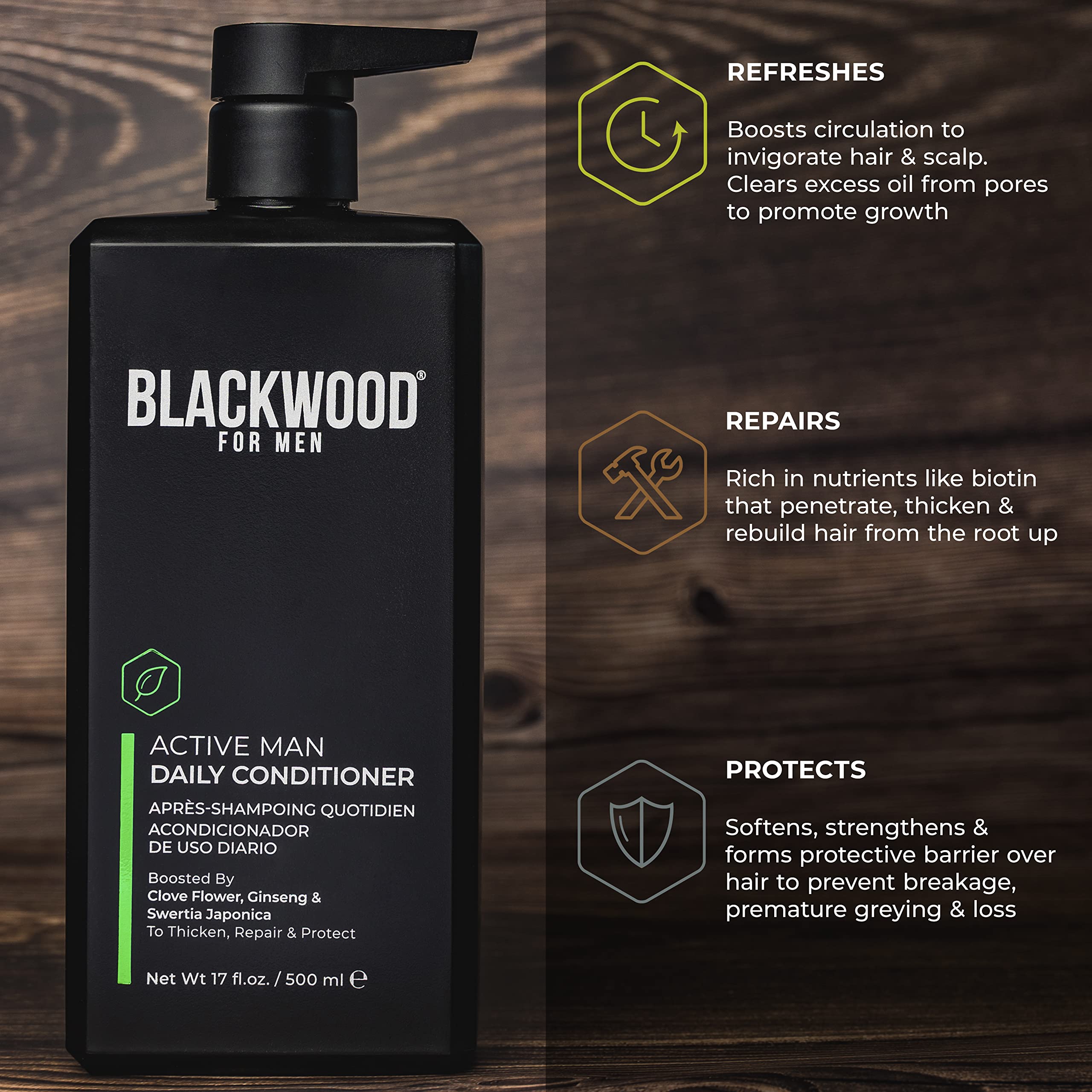 Blackwood For Men Acondicionador con antioxidantes, protege fibra capilar.