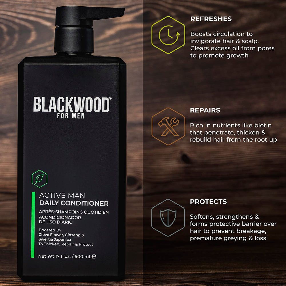 Blackwood For Men Acondicionador con antioxidantes, protege fibra capilar.