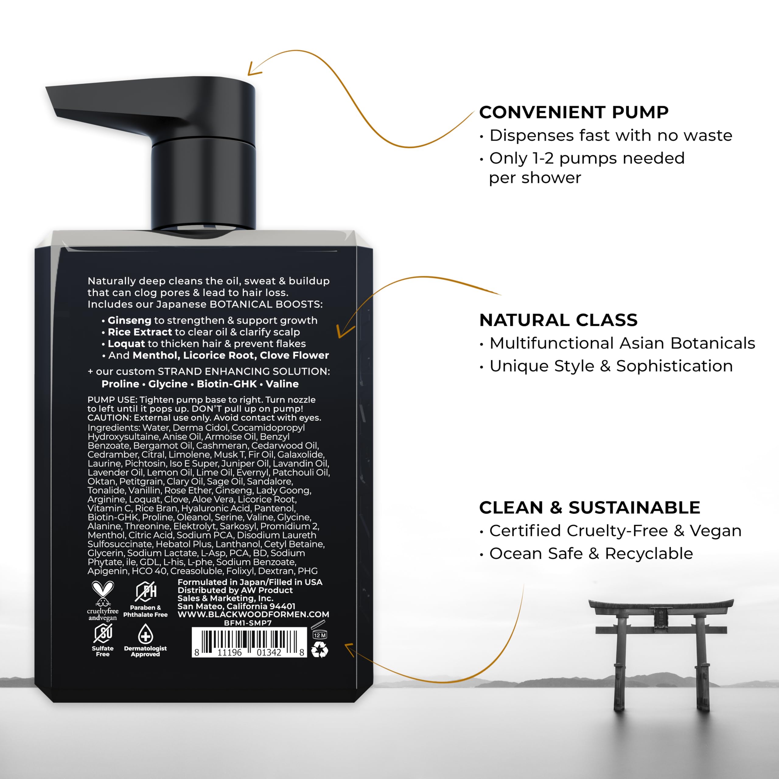Blackwood For Men: etiqueta del producto con fórmula vegana y sin sulfatos destacada.
