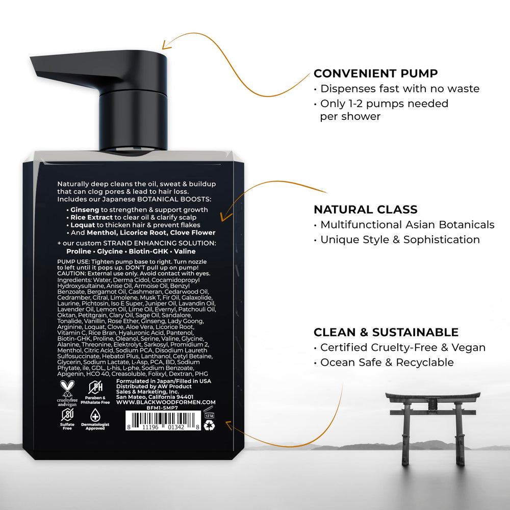Blackwood For Men: etiqueta del producto con fórmula vegana y sin sulfatos destacada.