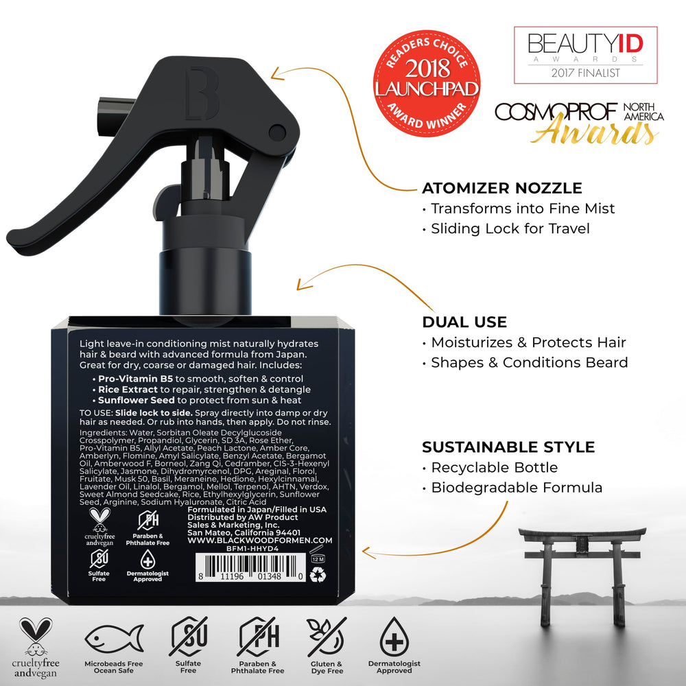 Blackwood For Men Hydratante para Cabello y Barba, etiqueta cercana, aroma natural y brillo ligero.