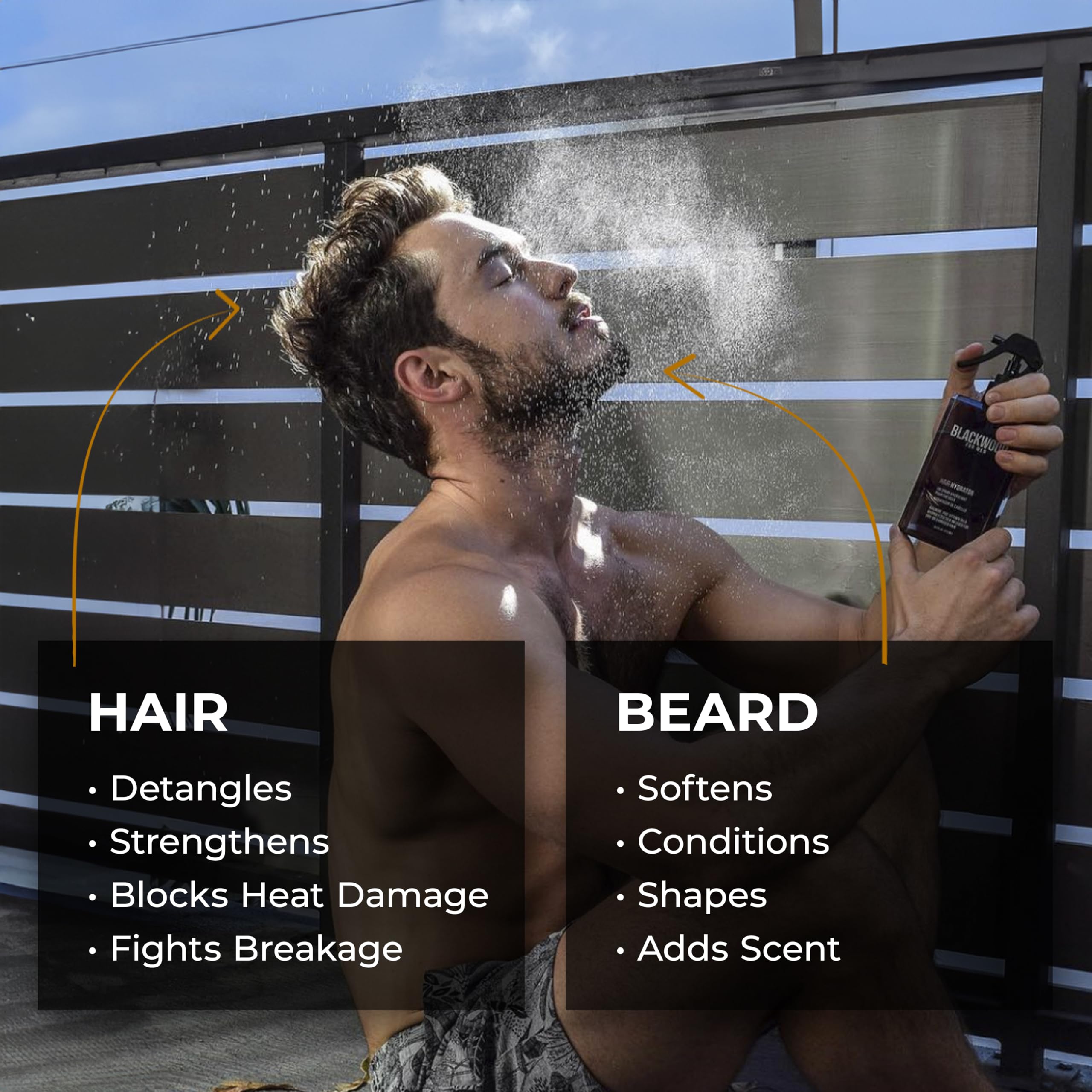 Blackwood For Men Hydratante para Cabello y Barba, pulverizador en uso, facilita peinado diario.