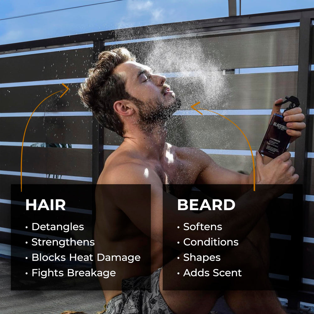 Blackwood For Men Hydratante para Cabello y Barba, pulverizador en uso, facilita peinado diario.