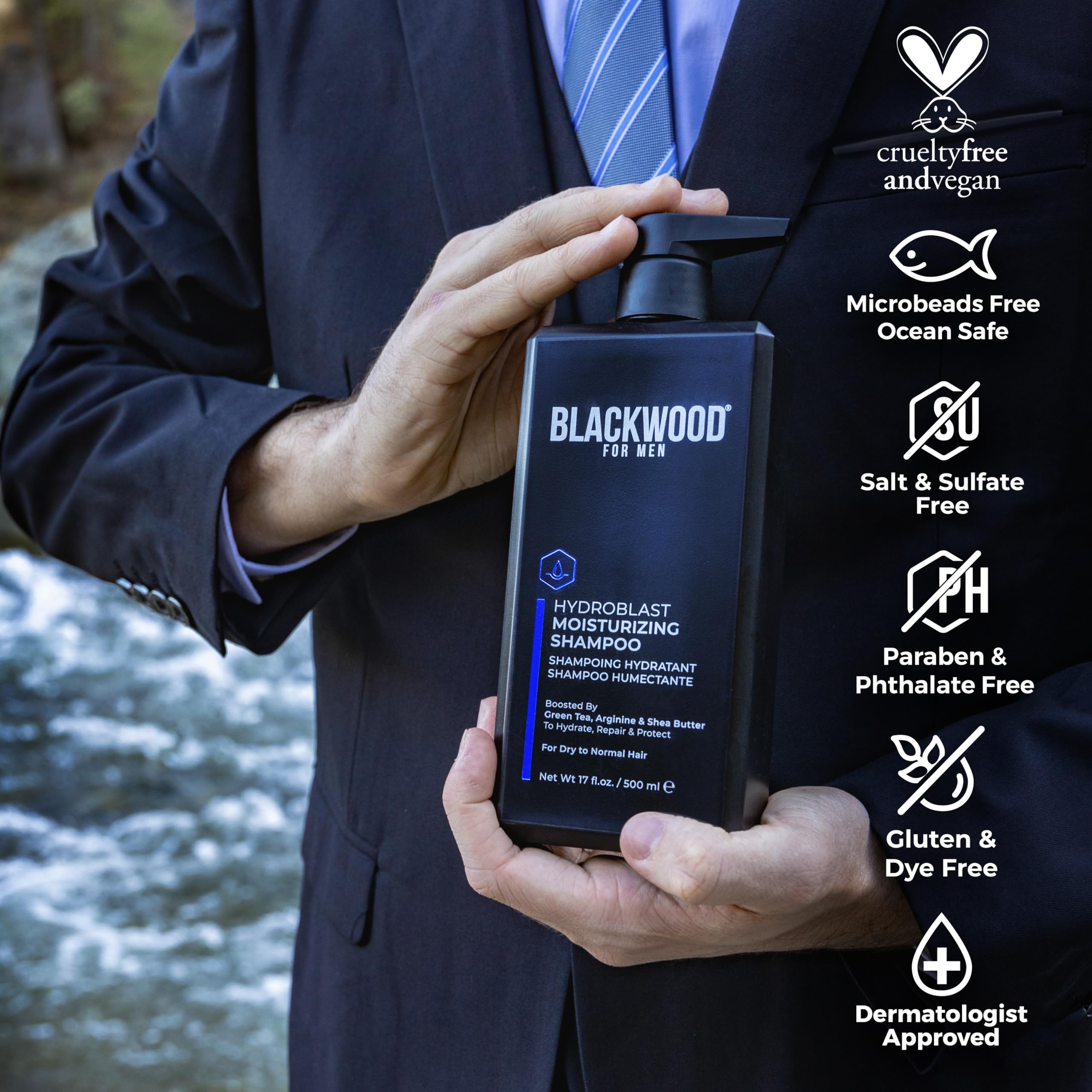 Blackwood For Men Hydroblast Shampoo, espuma-cremosa: deja cabello limpio y suave al tacto.
