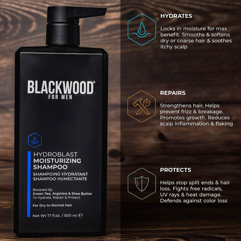 Blackwood For Men Hydroblast Shampoo, etiqueta-del-producto: fórmula vegana sin sulfatos para cabello sensible.
