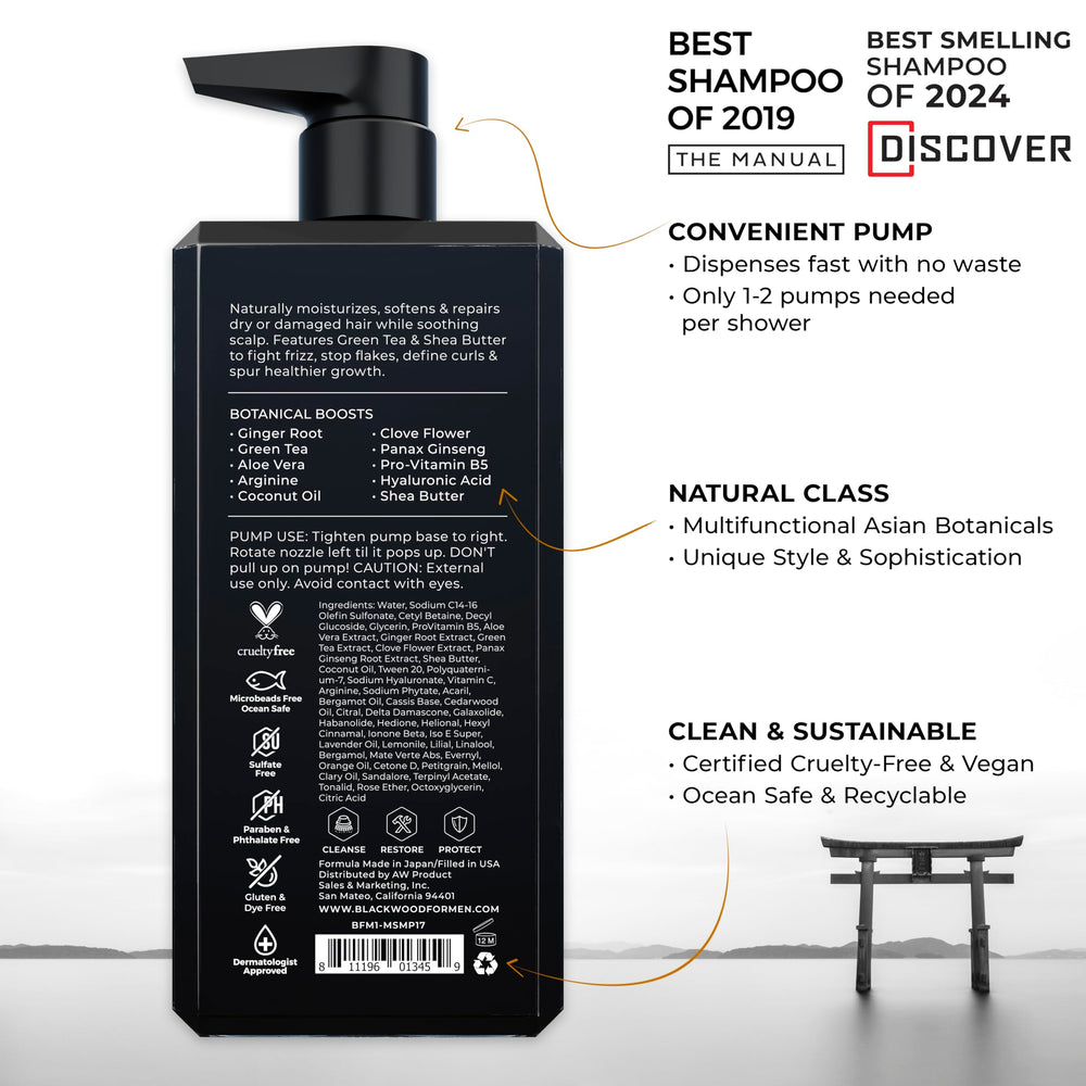 Blackwood For Men Hydroblast Shampoo, primer-plano: muestra fórmula nutritiva para cabellos rizados.