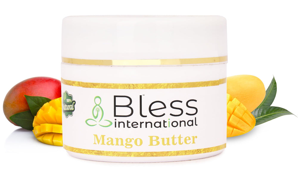 Bless International manteca de mango cruda, envase marfil para uso diario.