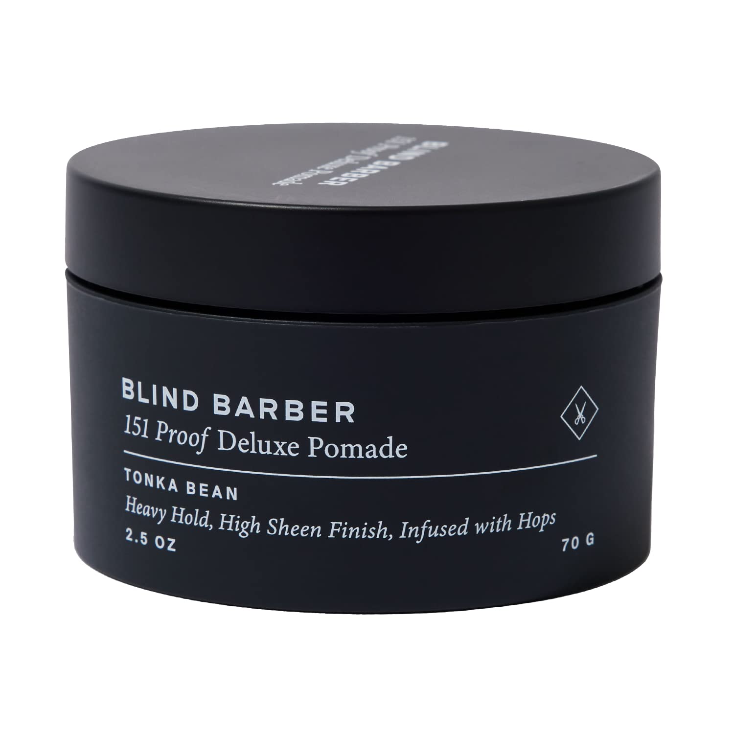 Blind Barber 151 Proof Deluxe pomada, botella visible, resultado de peinado con alto brillo.