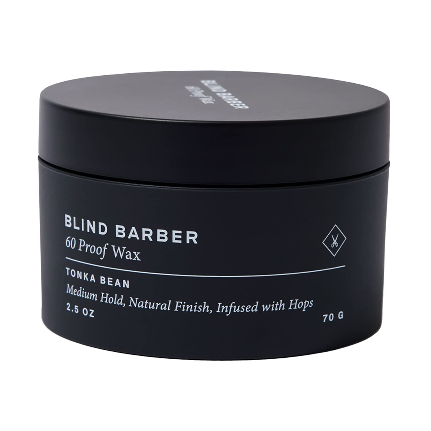Frente del envase Blind Barber cera capilar, aroma tonka suave.