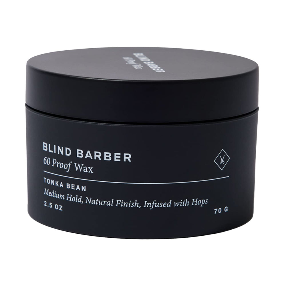 Frente del envase Blind Barber cera capilar, aroma tonka suave.