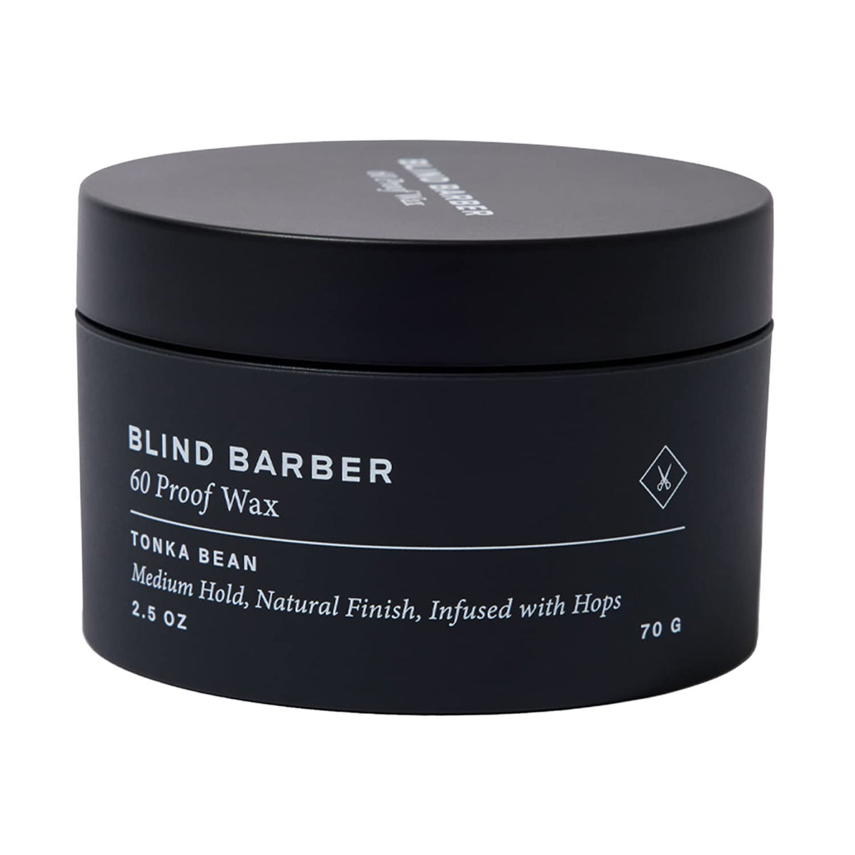 Frente del envase Blind Barber cera capilar, aroma tonka suave.