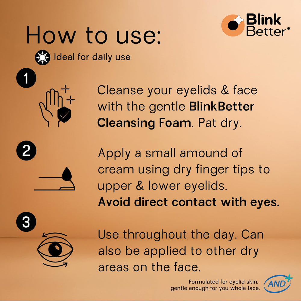BlinkBetter calma irritación parpados, avena y ceramidas reparadoras.