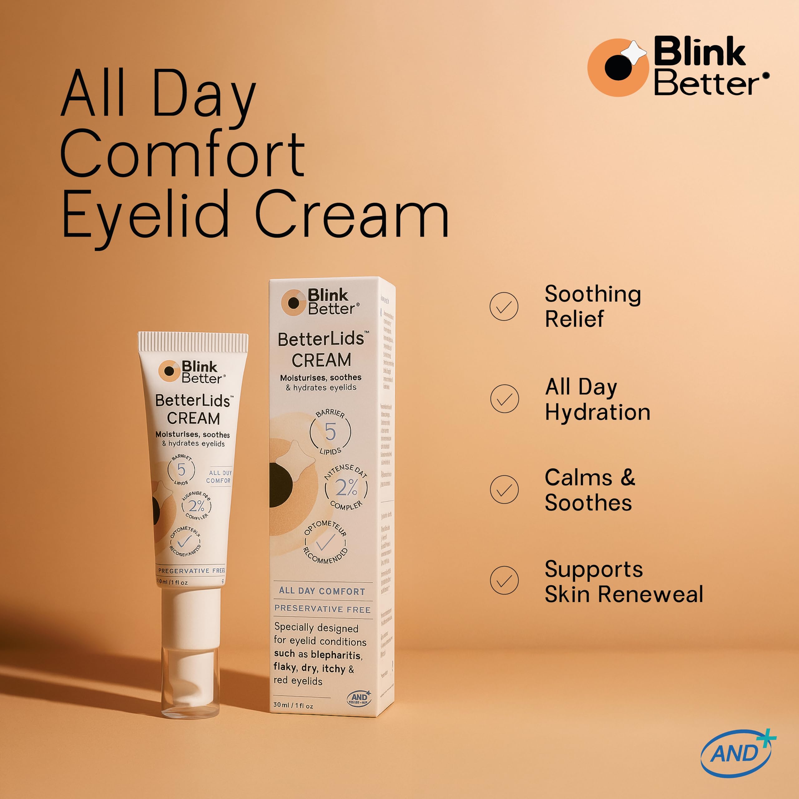 BlinkBetter crema para parpados, textura ligera para uso diario.