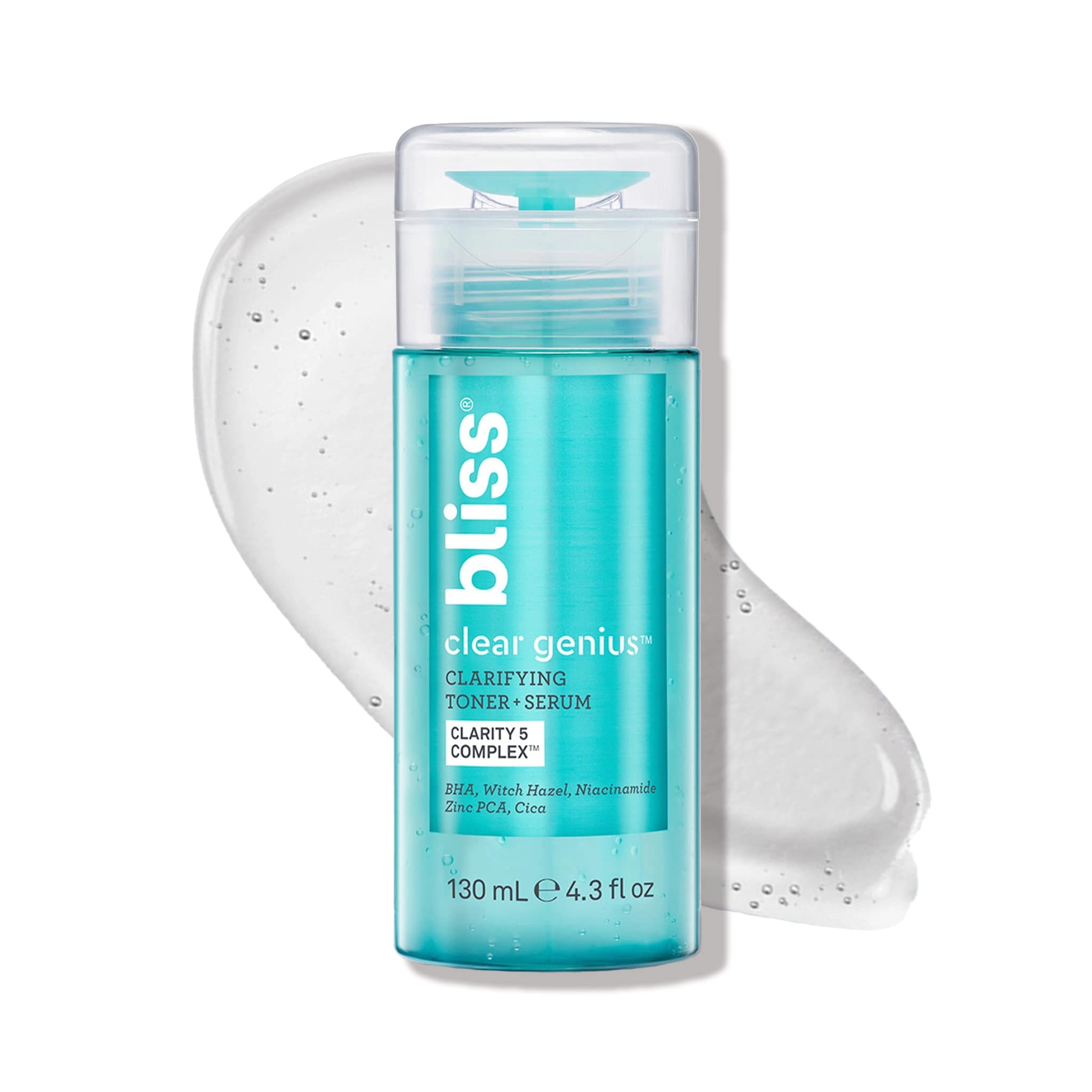 Bliss Clear Genius bottle shown for convenient daily toning and pore care