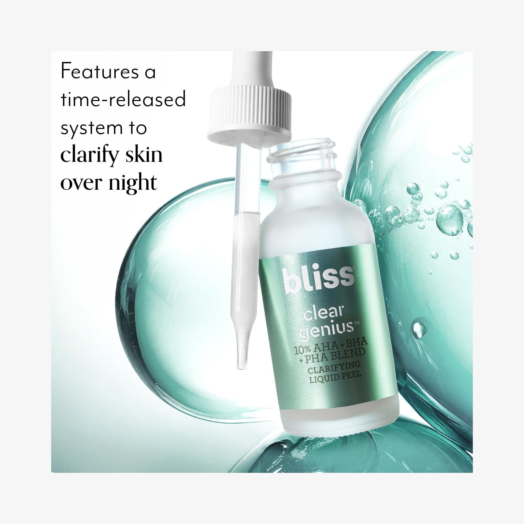 Bliss Clear Genius Peel textura líquida que purifica poros sin resecar.